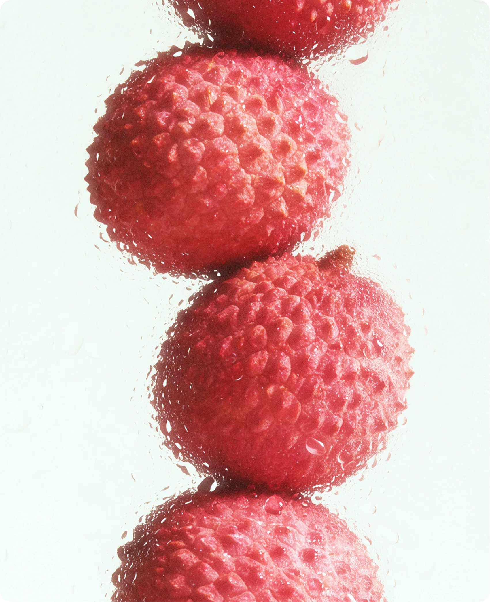 Tateu — a macro photograph of three ripe lychees stacked vertically against a pale mint background, their textured red skins lit to show the grain