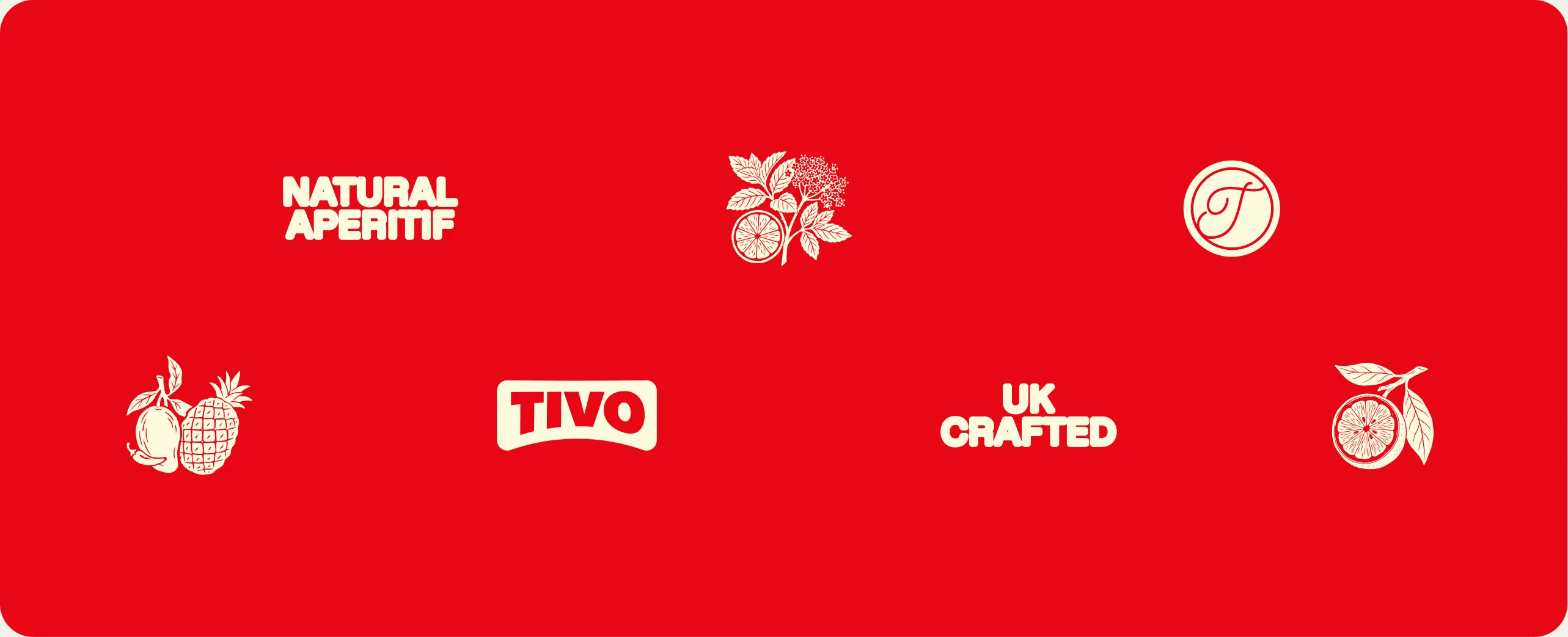 Tivo: a flat red brand strip carrying the words natural aperitif and uk crafted in cream, the Tivo wordmark in a rounded box, a cursive T monogram, and line drawn pineapple, elderflower and citrus icons