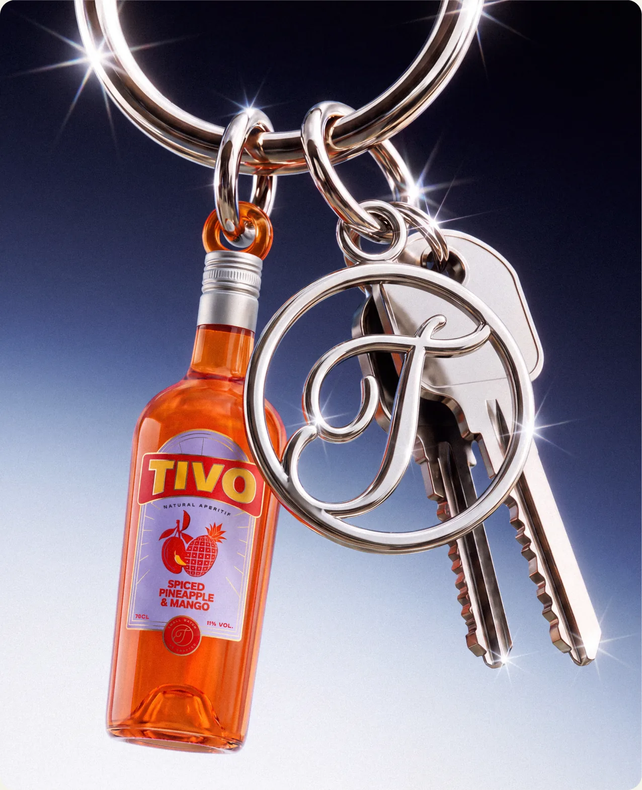 Tivo: a miniature Pink Grapefruit bottle hanging on a keyring with house keys and a cursive T fob, against a deep blue gradient
