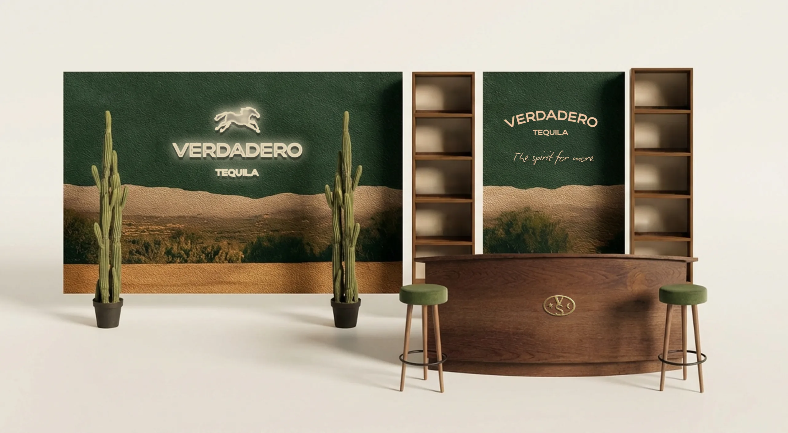 Verdadero — a branded bar booth with backlit shelving and stools