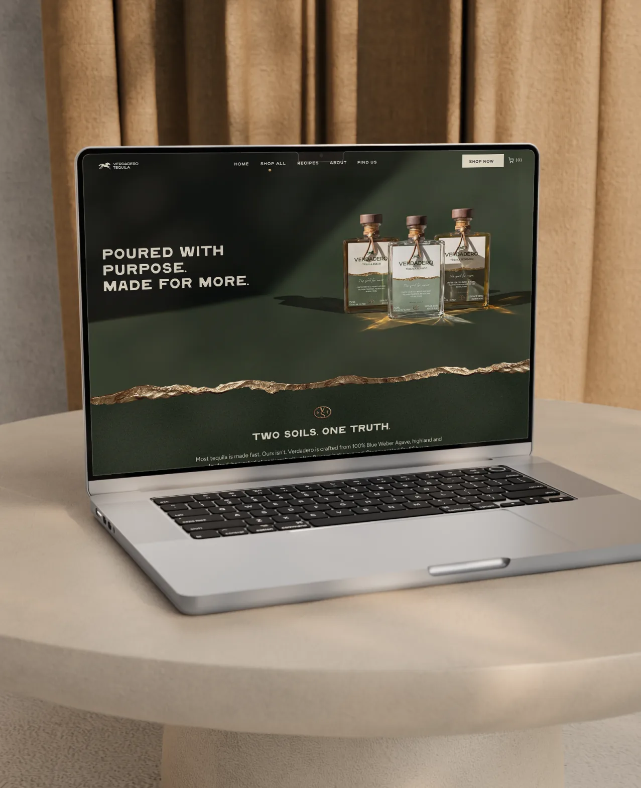 Verdadero — the brand website on a laptop, 'Poured with purpose, made for more'