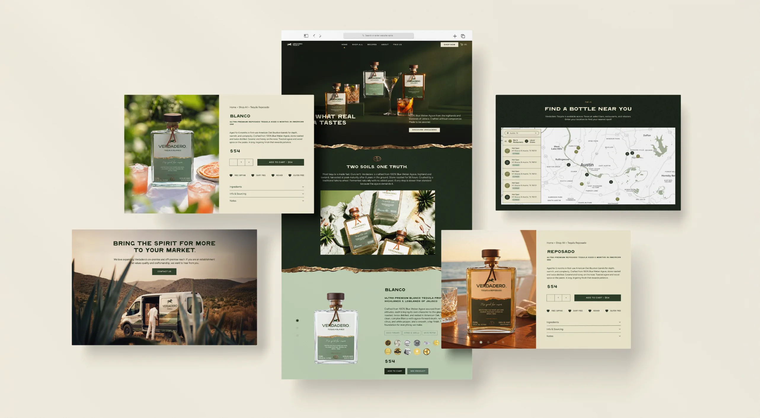 Verdadero — a spread of website and collateral screens