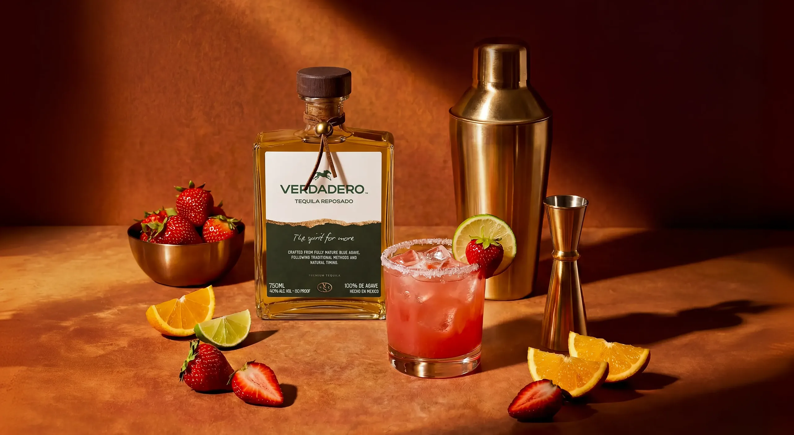 Verdadero — the bottle with a shaker, strawberries, citrus, and a cocktail on a warm amber set