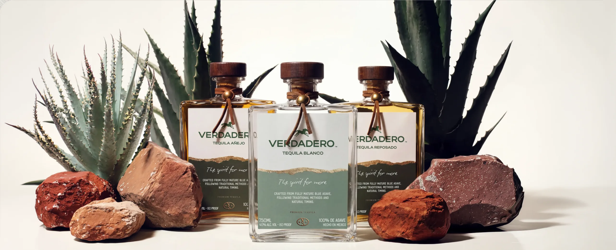 Verdadero — three tequila bottles staged with blue agave and volcanic rock on a cream backdrop