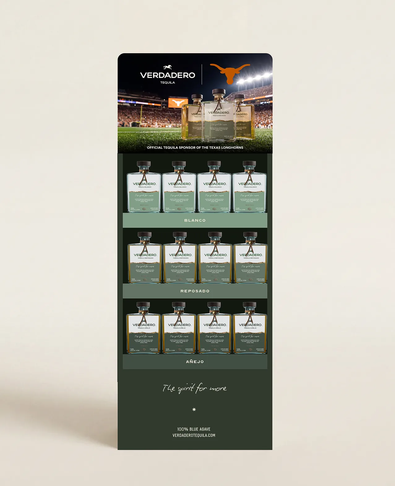Verdadero — in-store floor display stocked with cases, topped with stadium imagery and the bottle under 'The spirit for more'