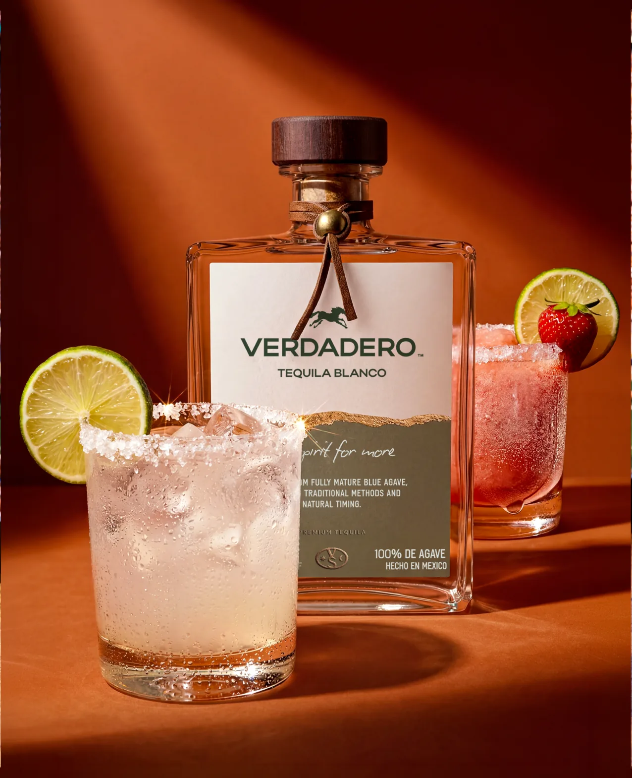 Verdadero — close-up of the Tequila Blanco bottle beside a salted-rim margarita with lime and strawberry on a warm orange set