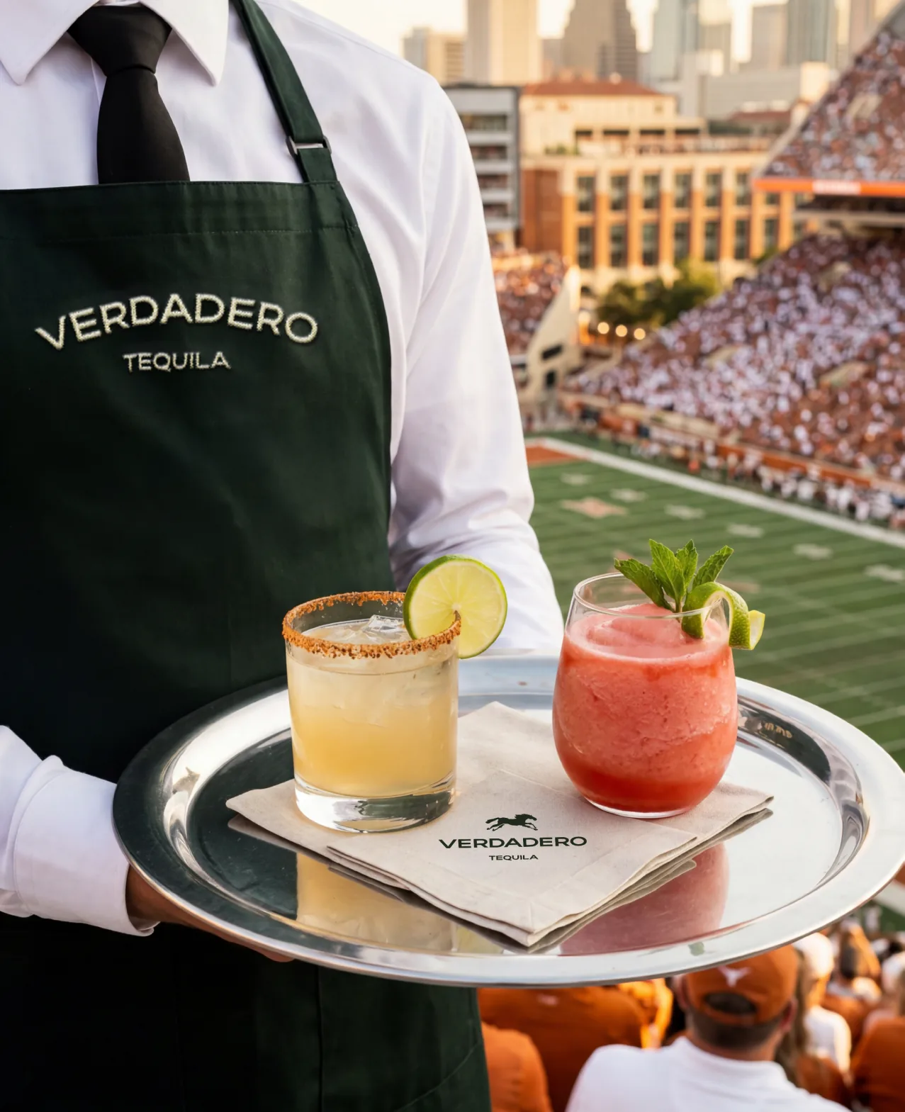 Verdadero — a server in a branded apron carrying a tray of cocktails above a packed Longhorns stadium