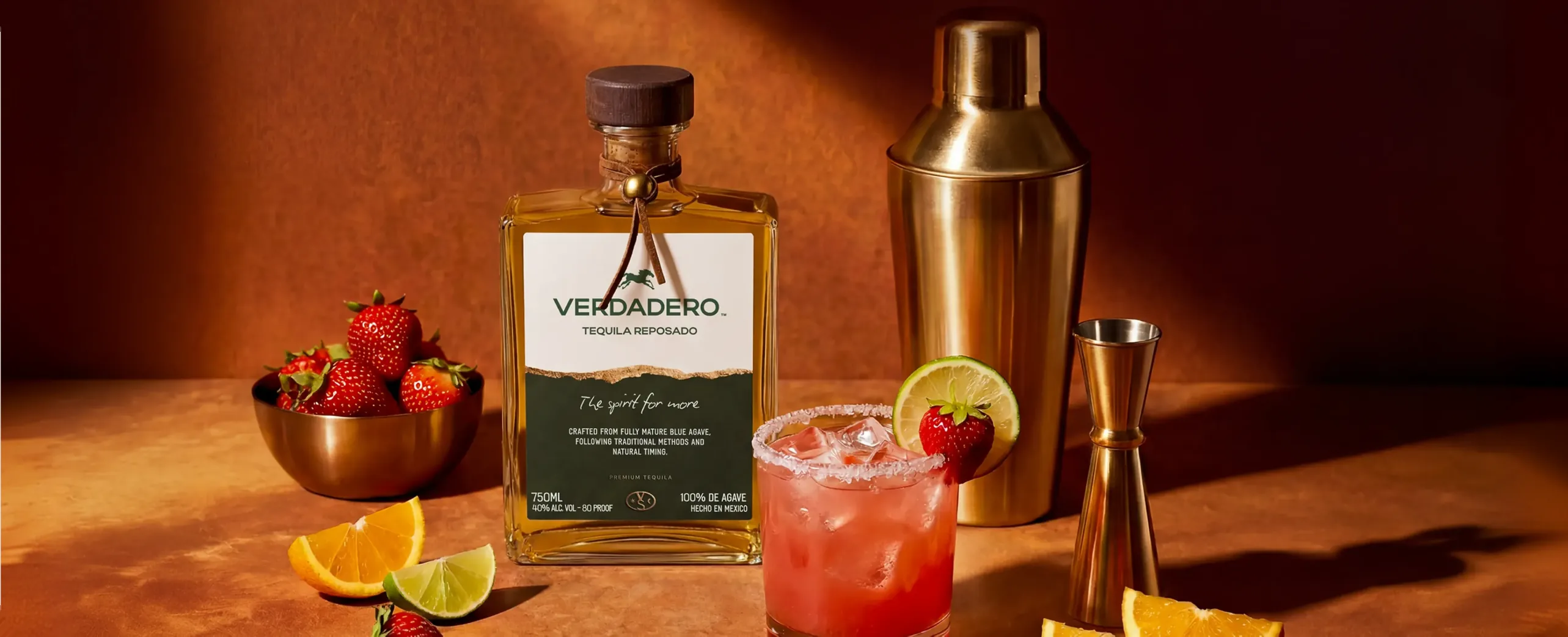 Verdadero Tequila Blanco bottle staged on a warm amber set with a strawberry margarita, cocktail shaker, and fresh citrus