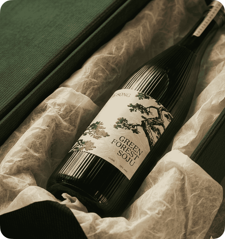 Song Green Forest Soju bottle in presentation box, packaging designed by CreativeWise