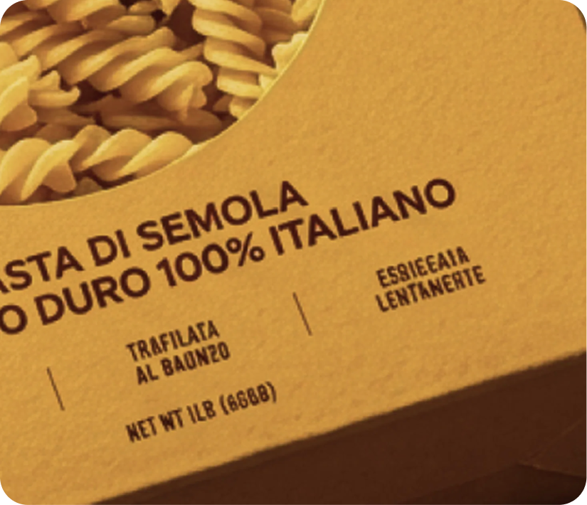 AI-generated pasta packaging with garbled Italian text — example of how raw AI output mangles typography