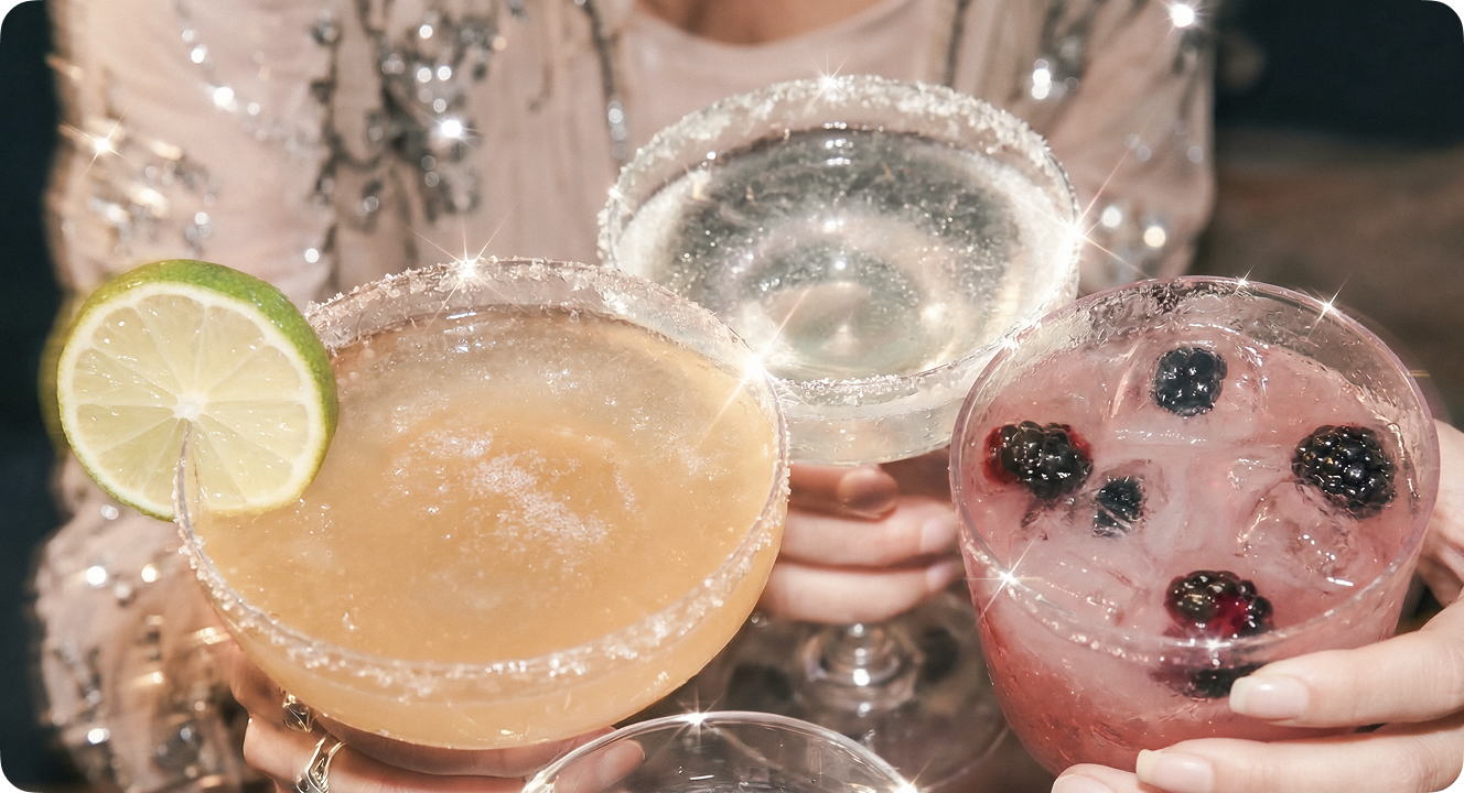 Three cocktail glasses with a margarita, martini, and blackberry drink — AI Photo Studio campaign image by CreativeWise