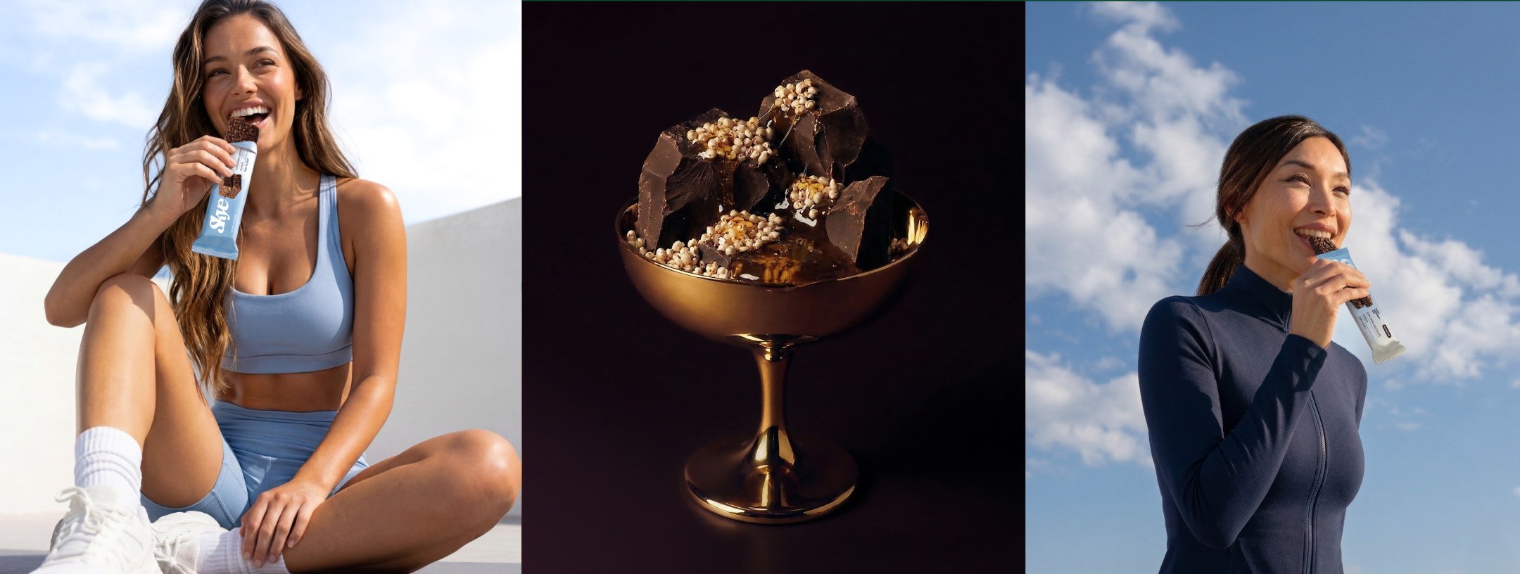 Three Skye AI Photo Studio scenes by CreativeWise — athlete with packaging, dark chocolate styling, and lifestyle portrait