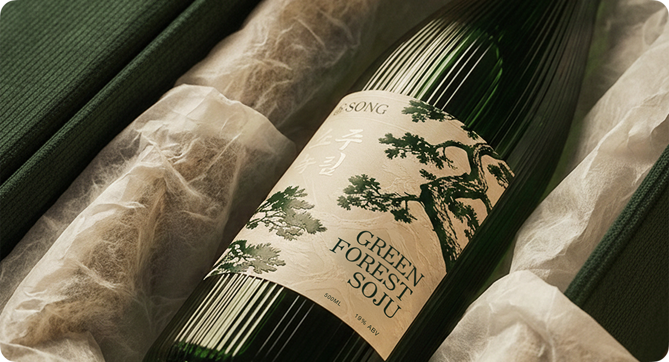 Song Green Forest Soju bottle in presentation packaging — AI Photo Studio product shot by CreativeWise